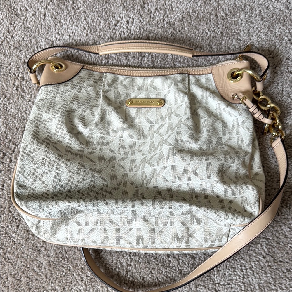 Michael Kors Cream and Tan Shoulder Bag with Slouchy Design